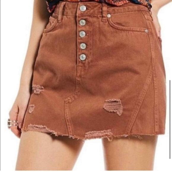 We The Free People Button Fly Distress Mini Skirt Brown Rust - Picture 1 of 10